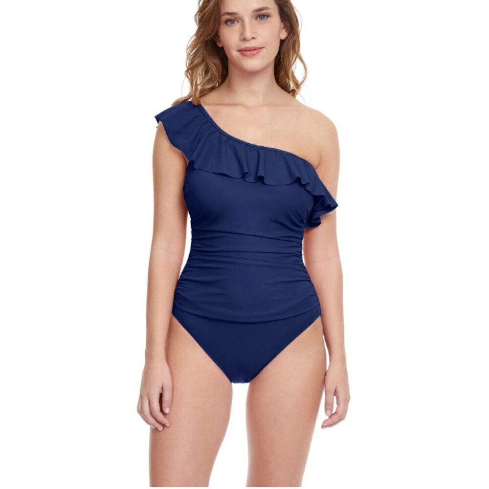 Profile By Gottex Tutti Frutti Ruffle 6 One Shoulder Navy‎ One Piece Swimsuit